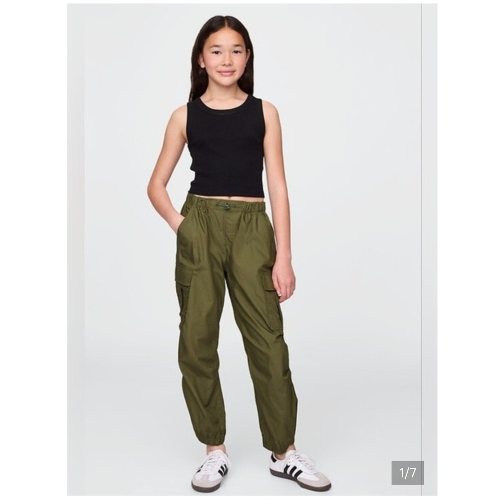 NWT Gap Kids L Girls 10 Parachute Pants Army Green Cargo Elastic Waist Cotton
